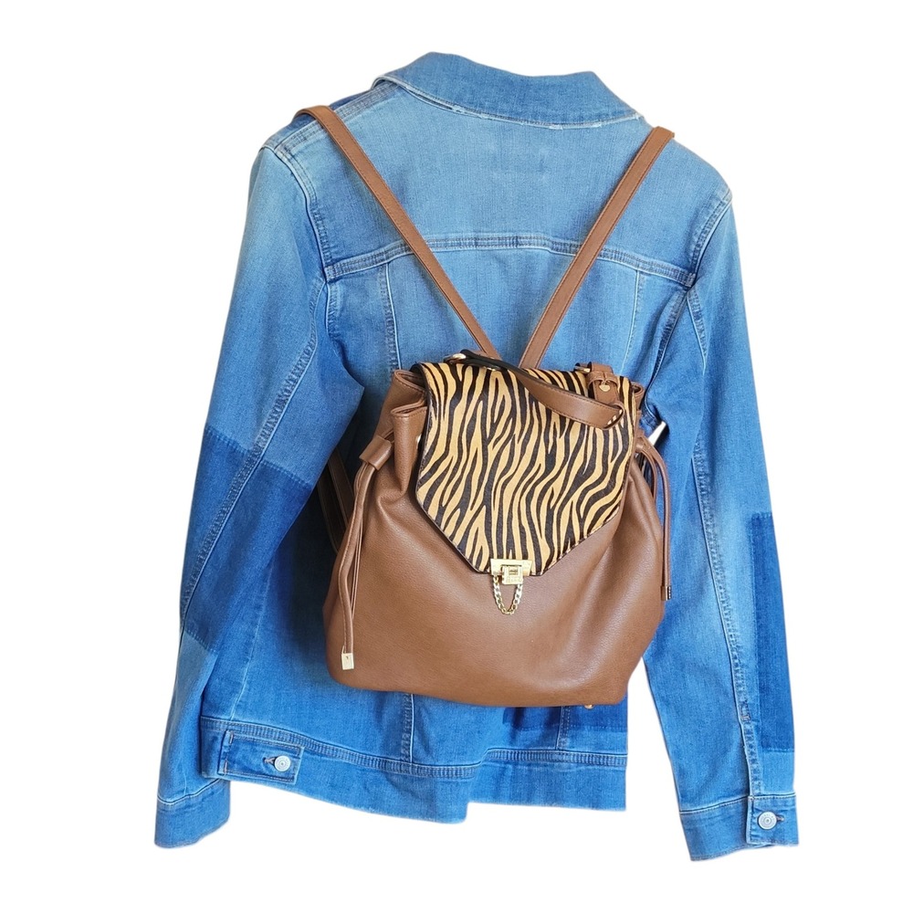 Dune London Brown Leather Tiger Print Flap Backpack Gold Hardware Bag